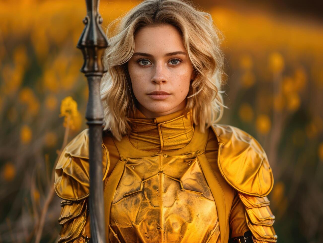 Captivating woman in golden autumn attire photo