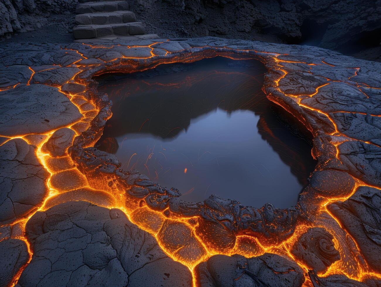 Glowing lava pool in volcanic landscape photo