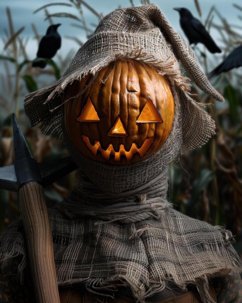 Spooky scarecrow with jack o lantern head photo