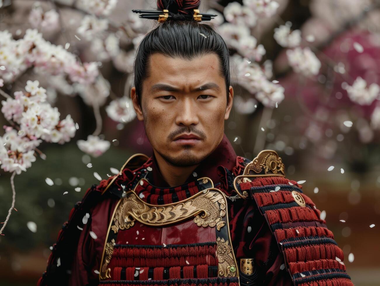 Samurai warrior in traditional armor amid cherry blossoms photo