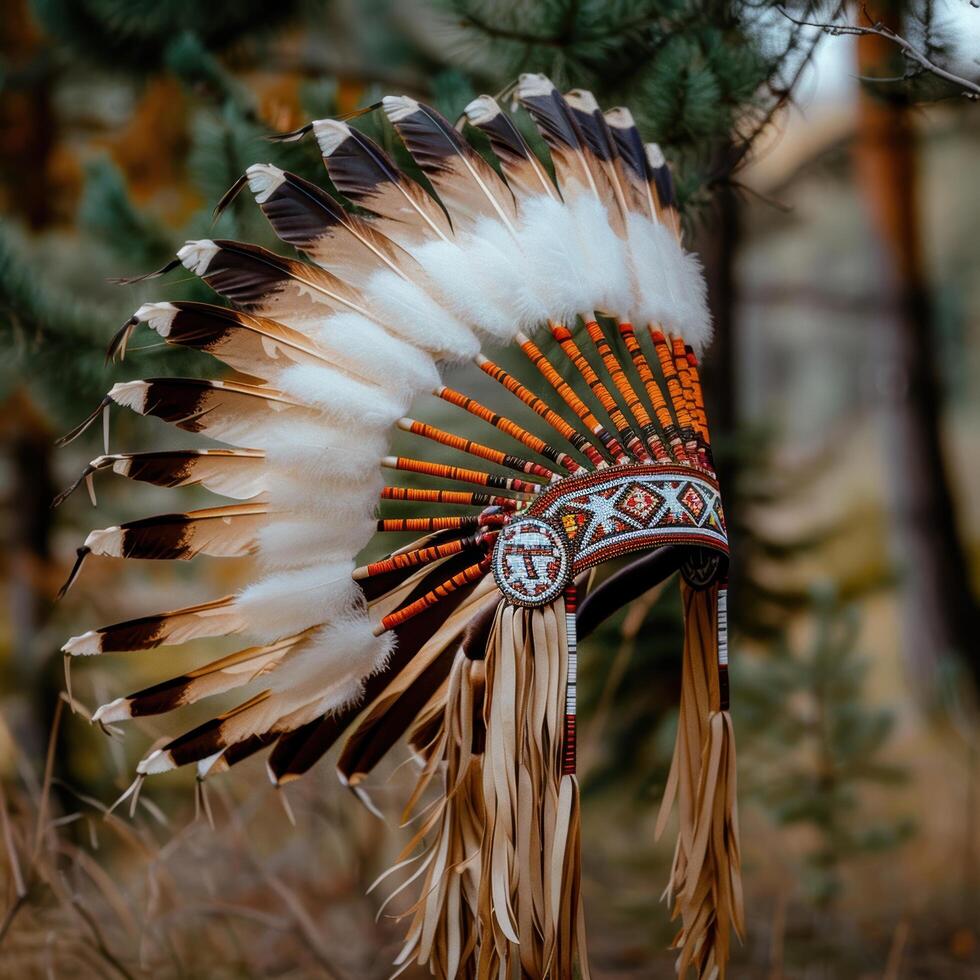 Colorful native american headdress in the forest photo
