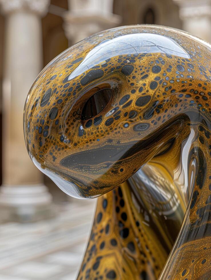 Close up of a colorful, patterned motorcycle helmet photo