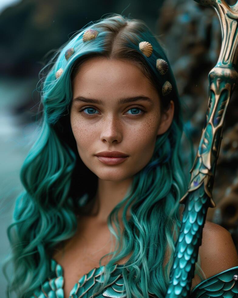 Enchanting mermaid with vibrant turquoise hair photo