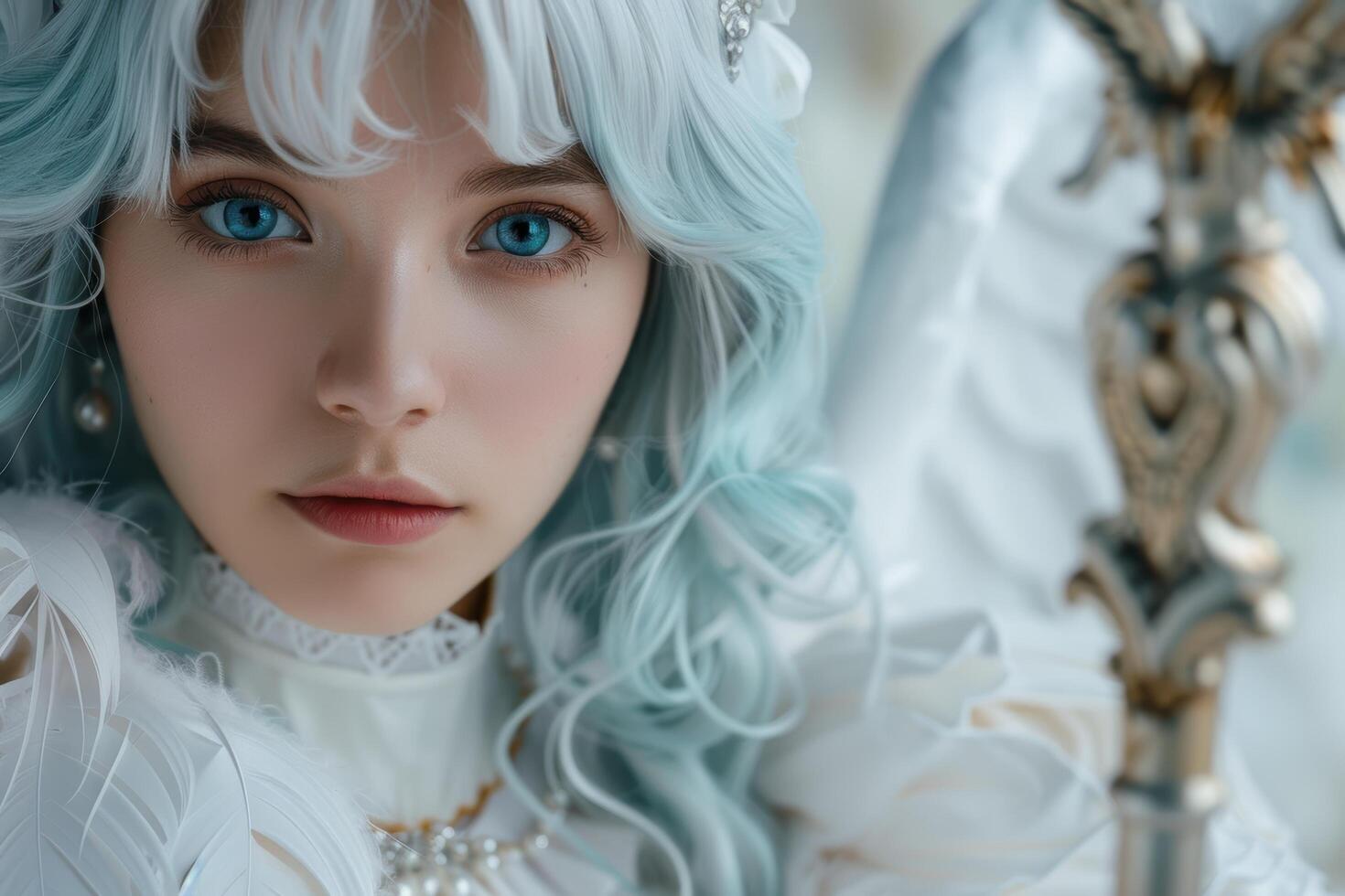 Enchanting winter fairy with icy blue hair and piercing eyes photo