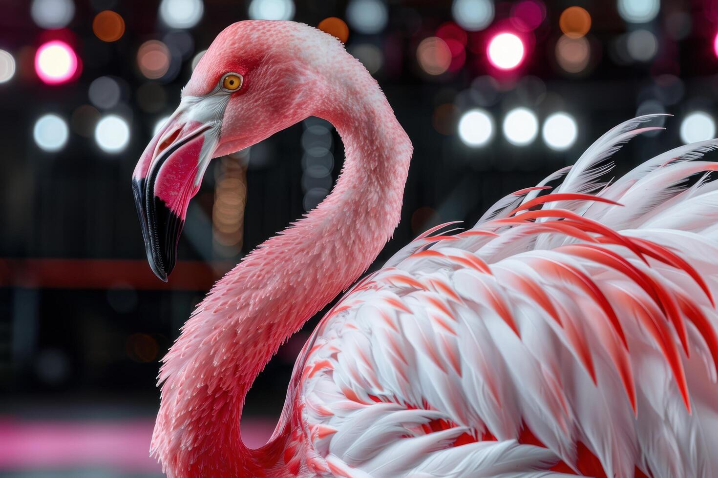 Vibrant pink flamingo with feathers in motion photo