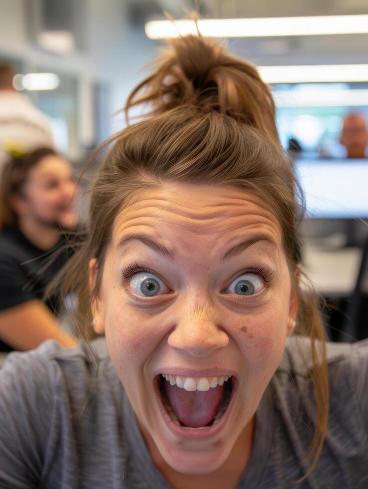 Excited woman with wild hair expression photo
