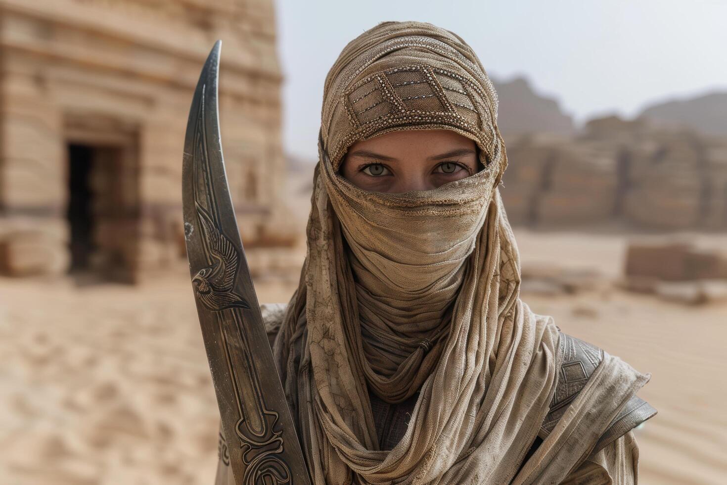 mysterious desert warrior with traditional clothing and weapon photo