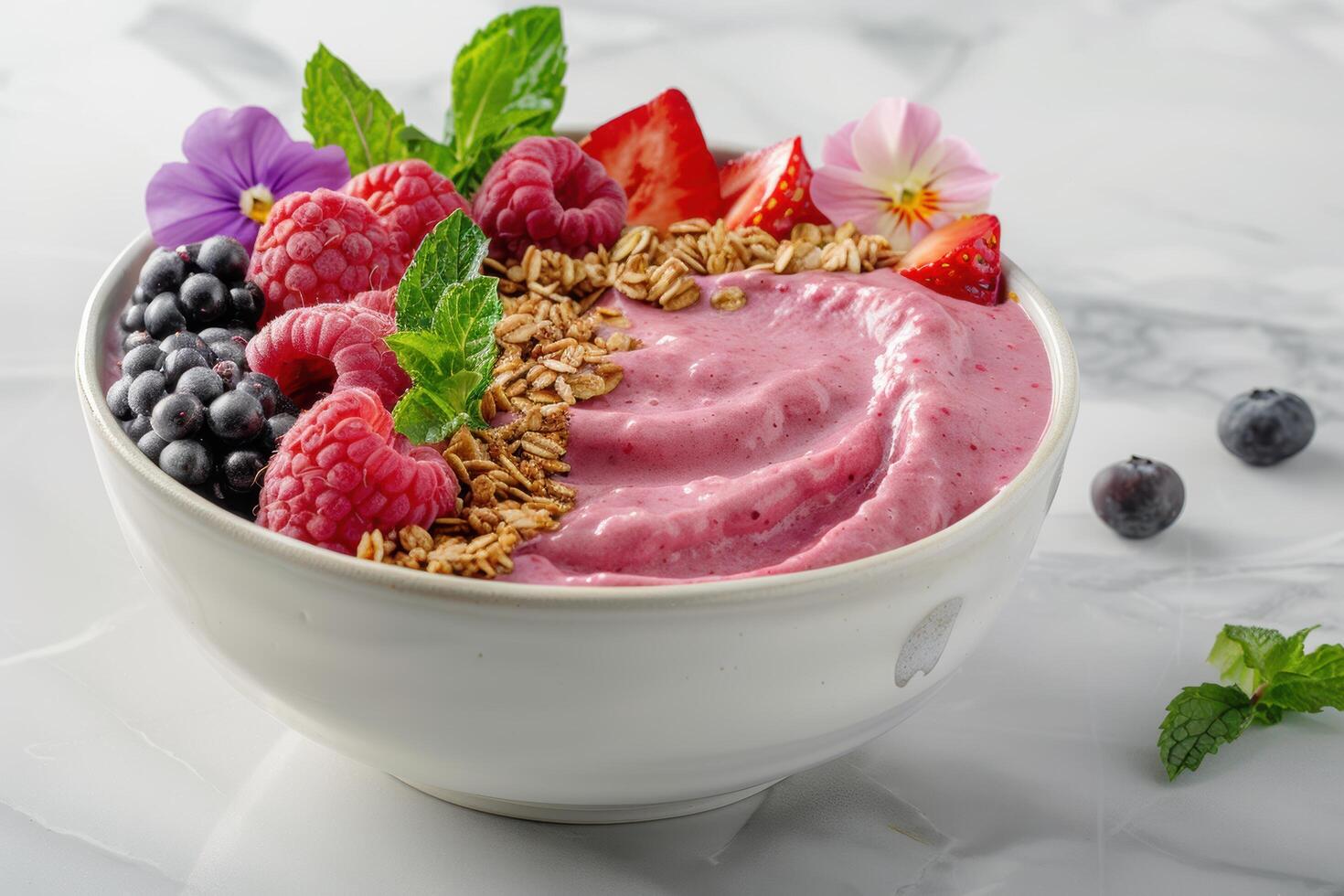 Colorful and healthy smoothie bowl with fresh berries and granola photo