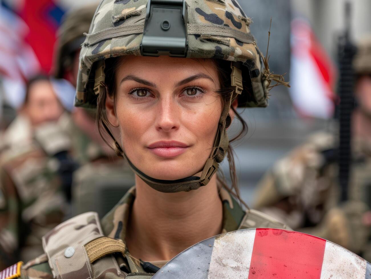 Serious female soldier in camouflage uniform photo