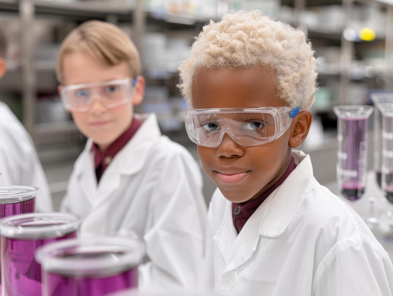 young students in science lab conducting experiments photo