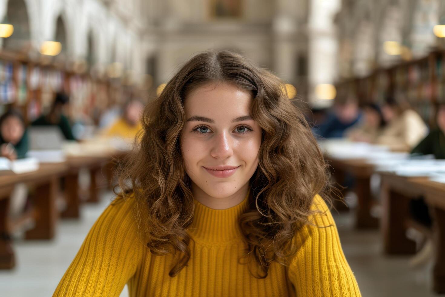 young woman with curly hair smiling in a cafe photo