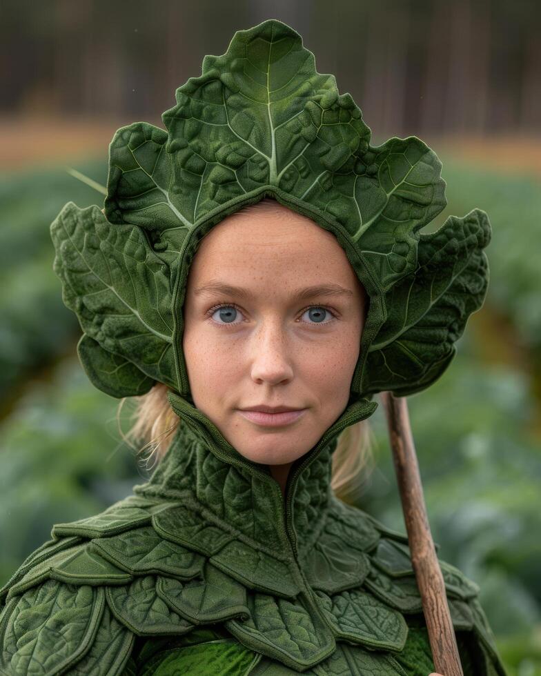 woman wearing green leaf costume in nature photo