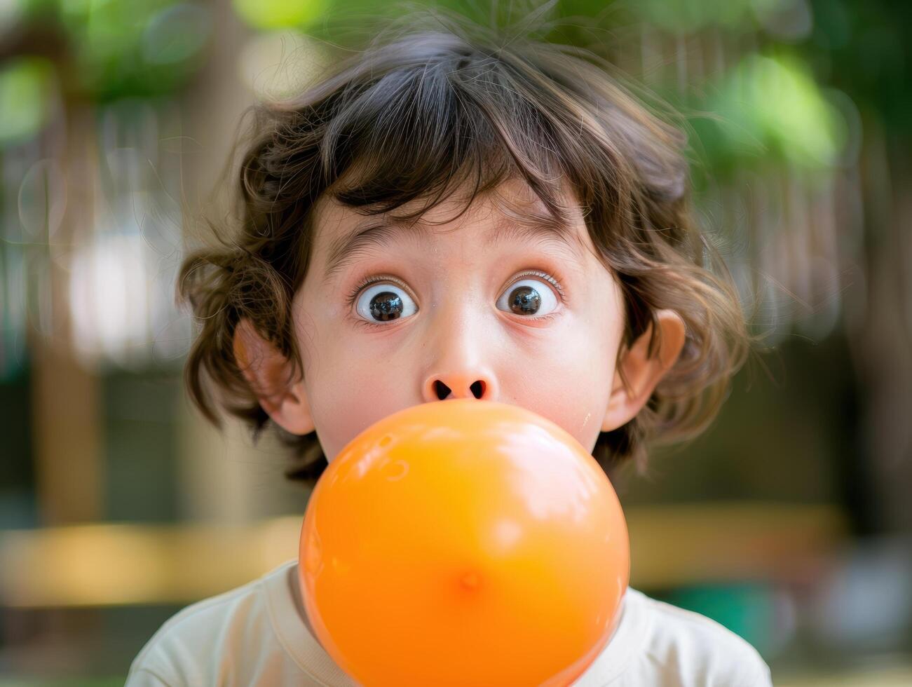 Surprised child blowing up orange balloon photo