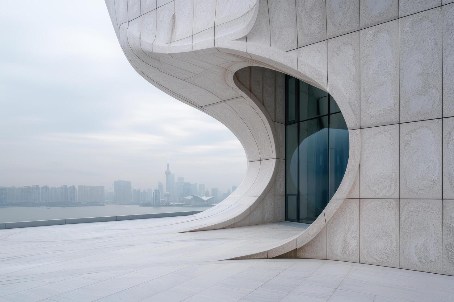 modern architectural design with curved glass facade and cityscape view photo