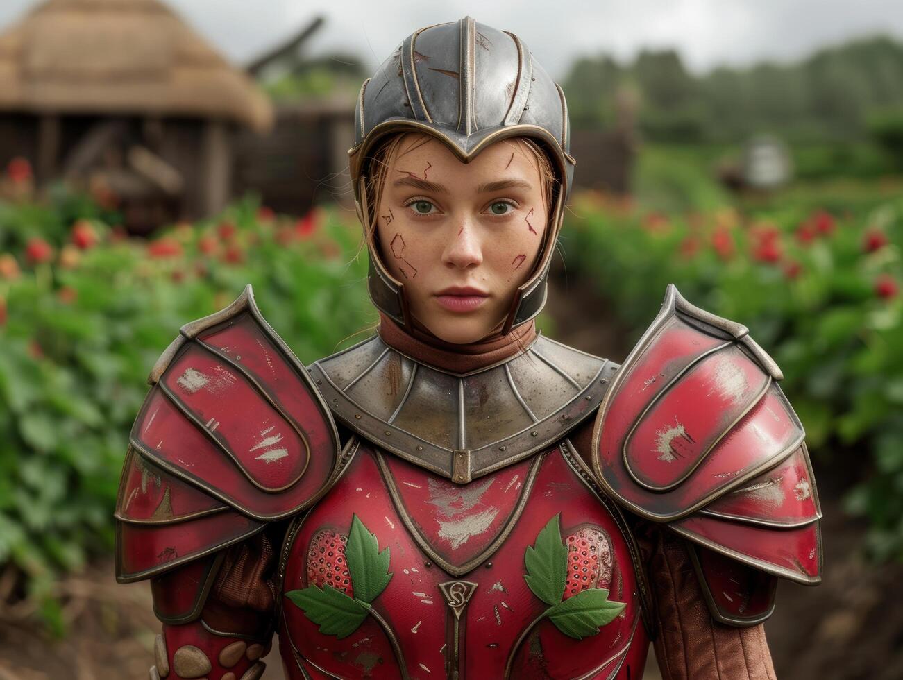 medieval knight in armor stands in field of flowers photo