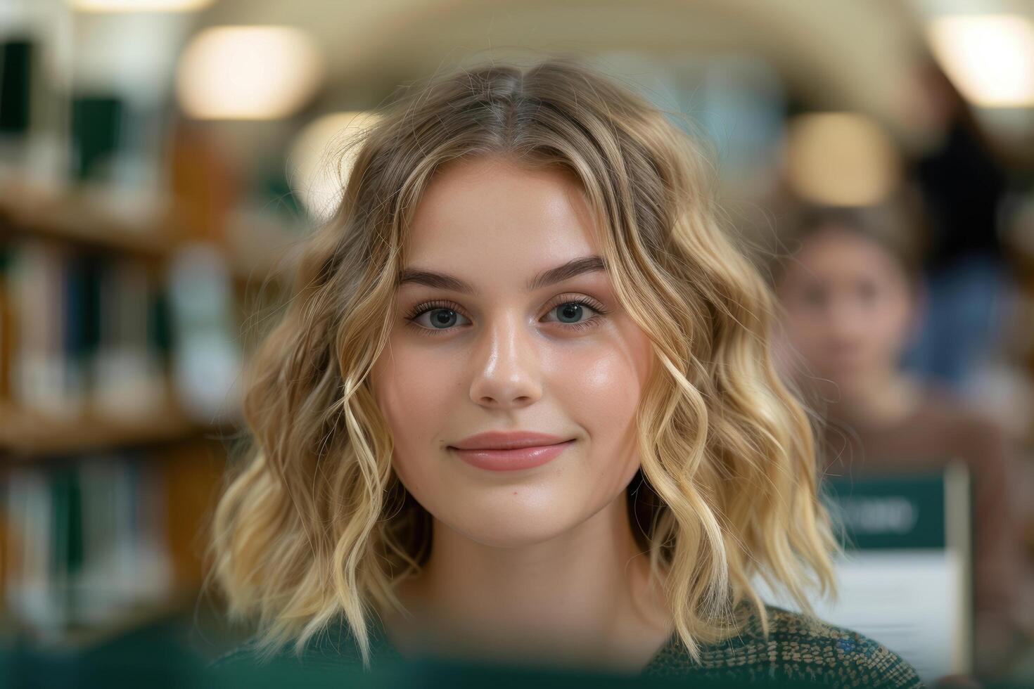 Thoughtful young woman with wavy blonde hair photo