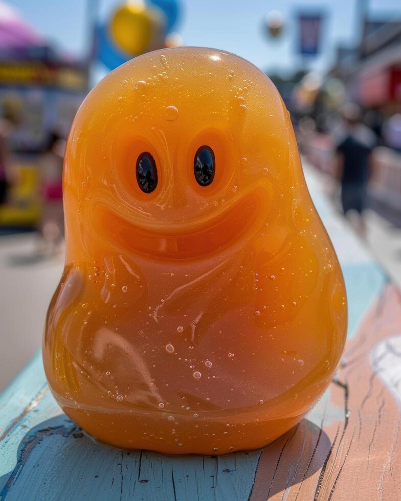 Cute orange rubber duck with smiling face photo