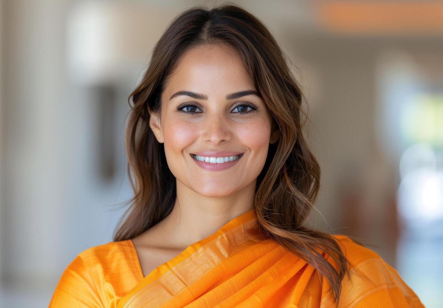 Smiling woman in orange sari photo
