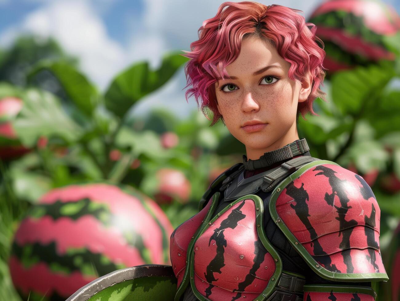 Futuristic warrior with pink hair in a lush environment photo