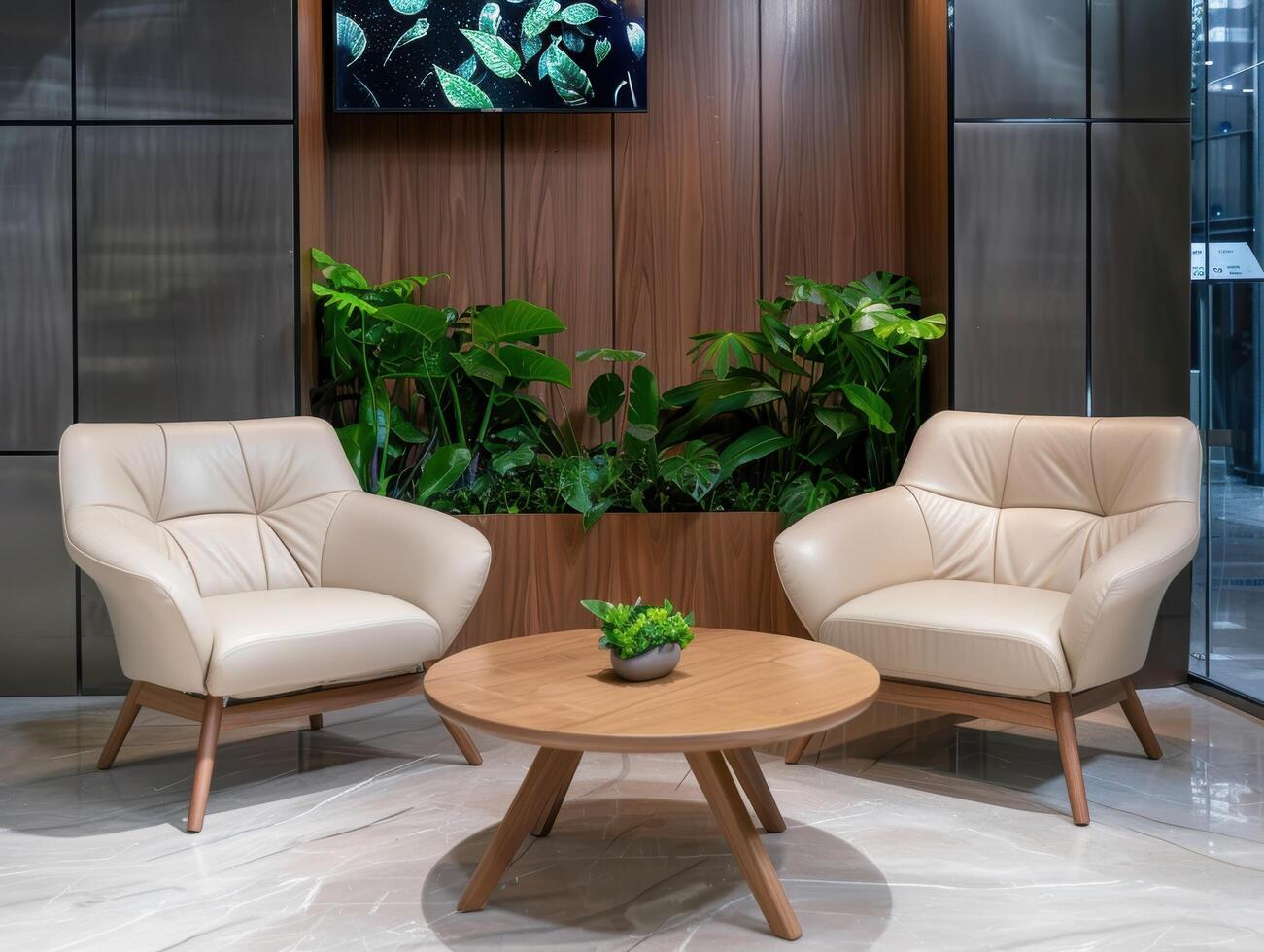 modern office lobby with comfortable seating and greenery photo