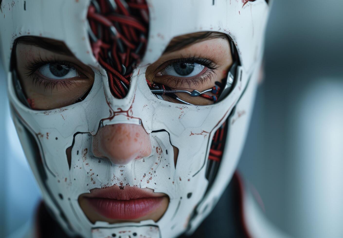 Futuristic cyborg face with red and white details photo