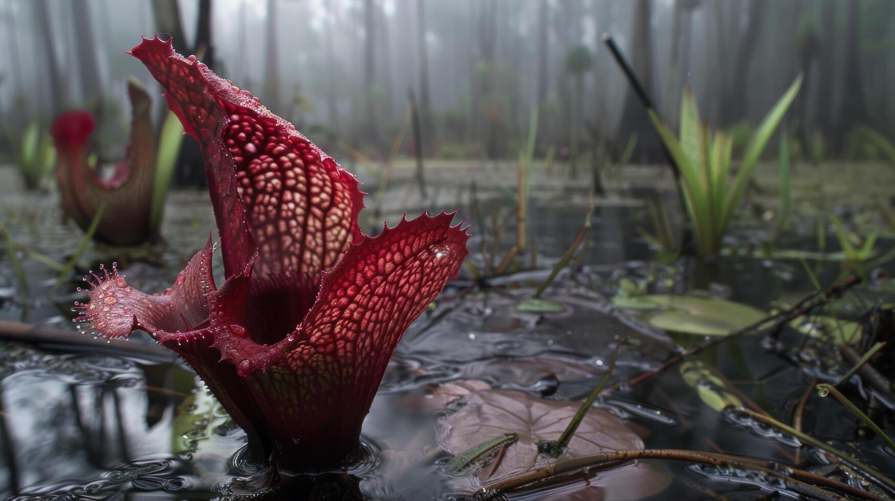 Vibrant red flower in a misty forest photo