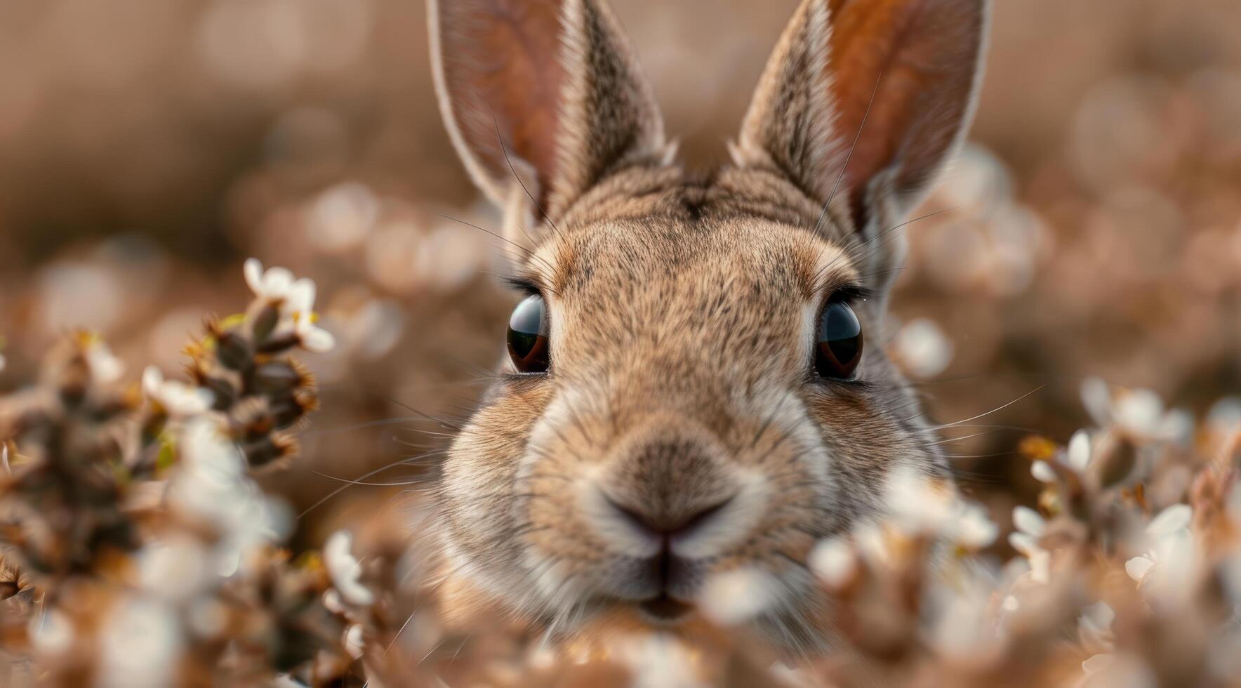 Curious rabbit in autumn leaves photo