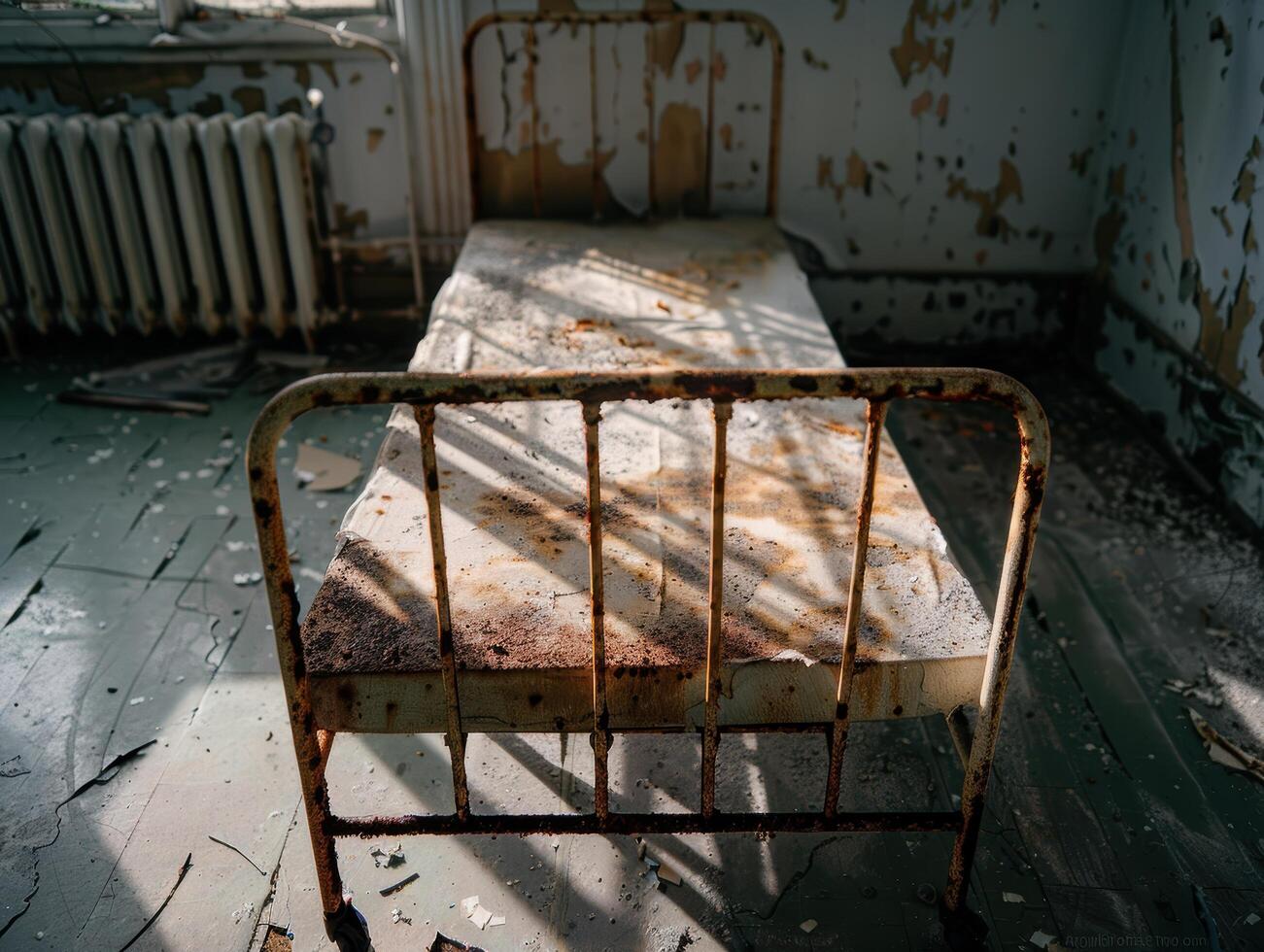 Abandoned and dilapidated metal bed frame in an old, decrepit room photo