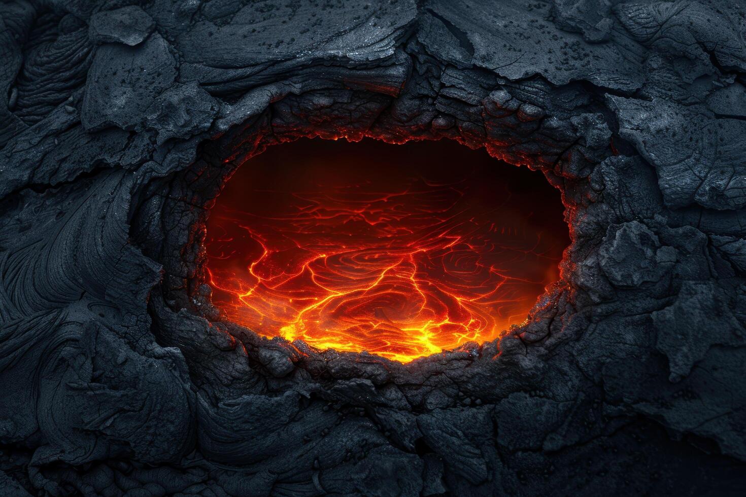 Glowing molten lava in dark volcanic cave photo