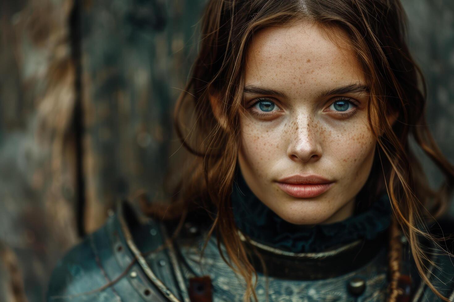 Thoughtful young woman with freckles and blue eyes photo