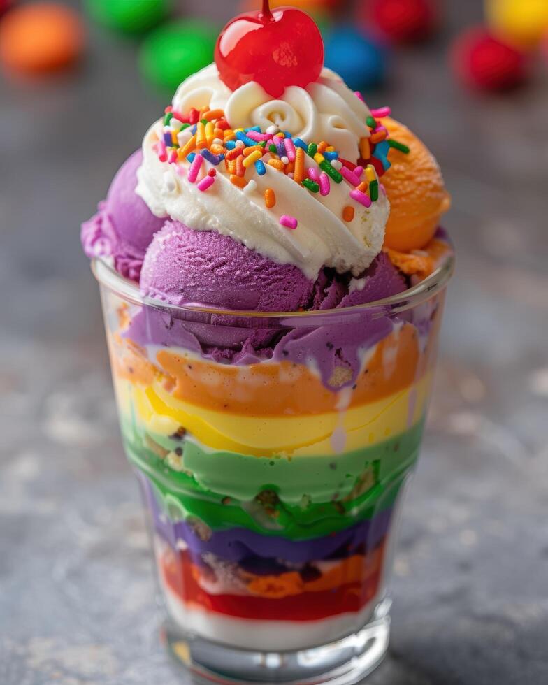 Colorful layered ice cream sundae with sprinkles and a cherry on top photo