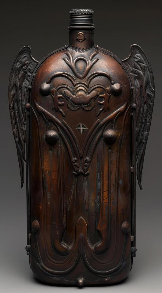 Ornate antique metal flask with decorative wings and floral motifs photo
