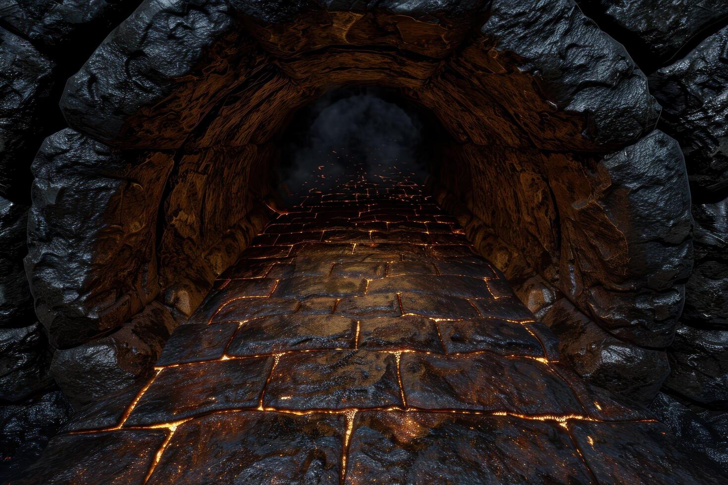 Glowing lava path through dark cave photo