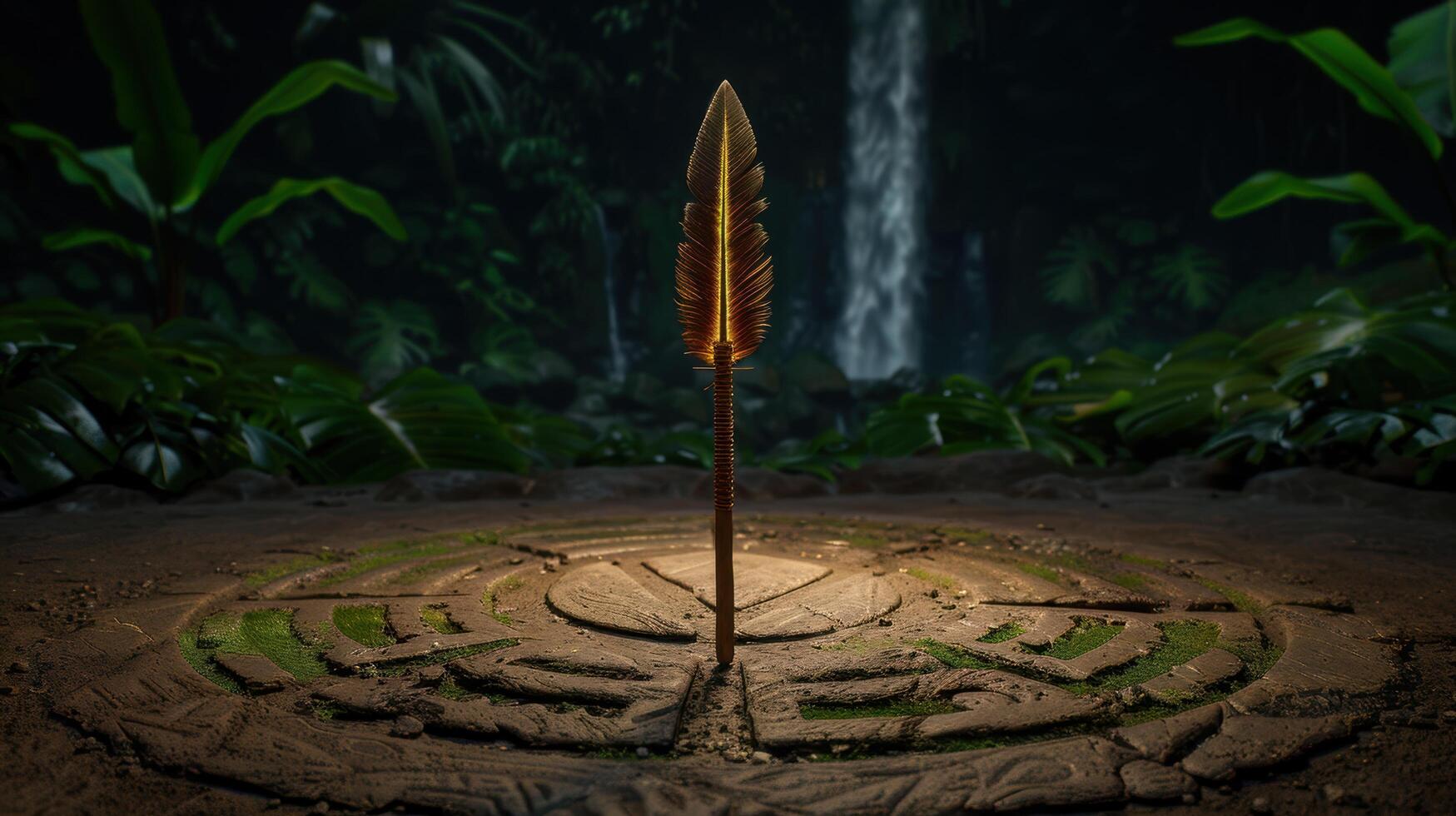golden feather arrow in lush jungle landscape photo