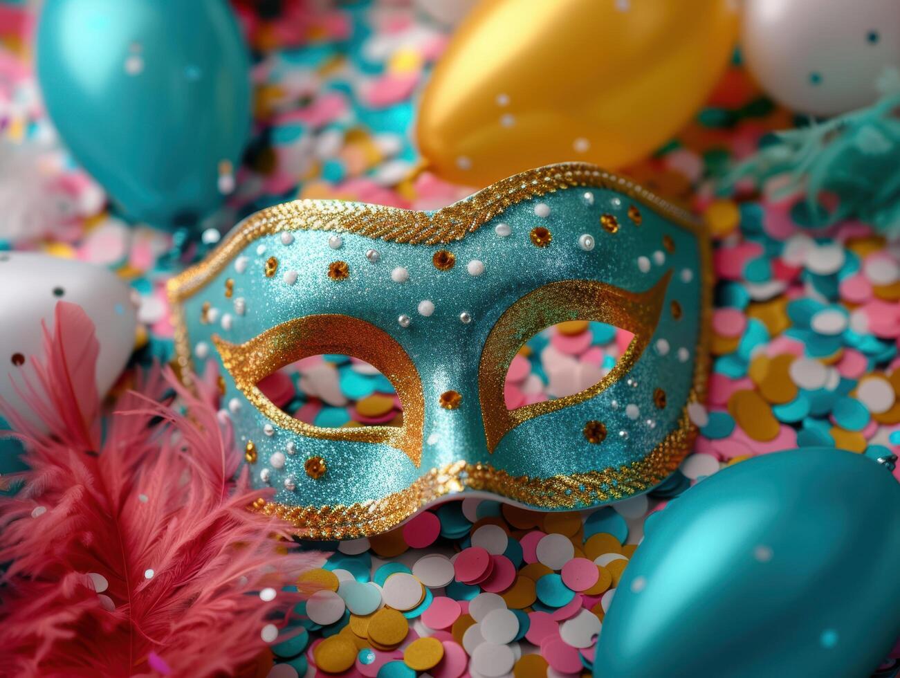 Colorful carnival mask with feathers and confetti photo
