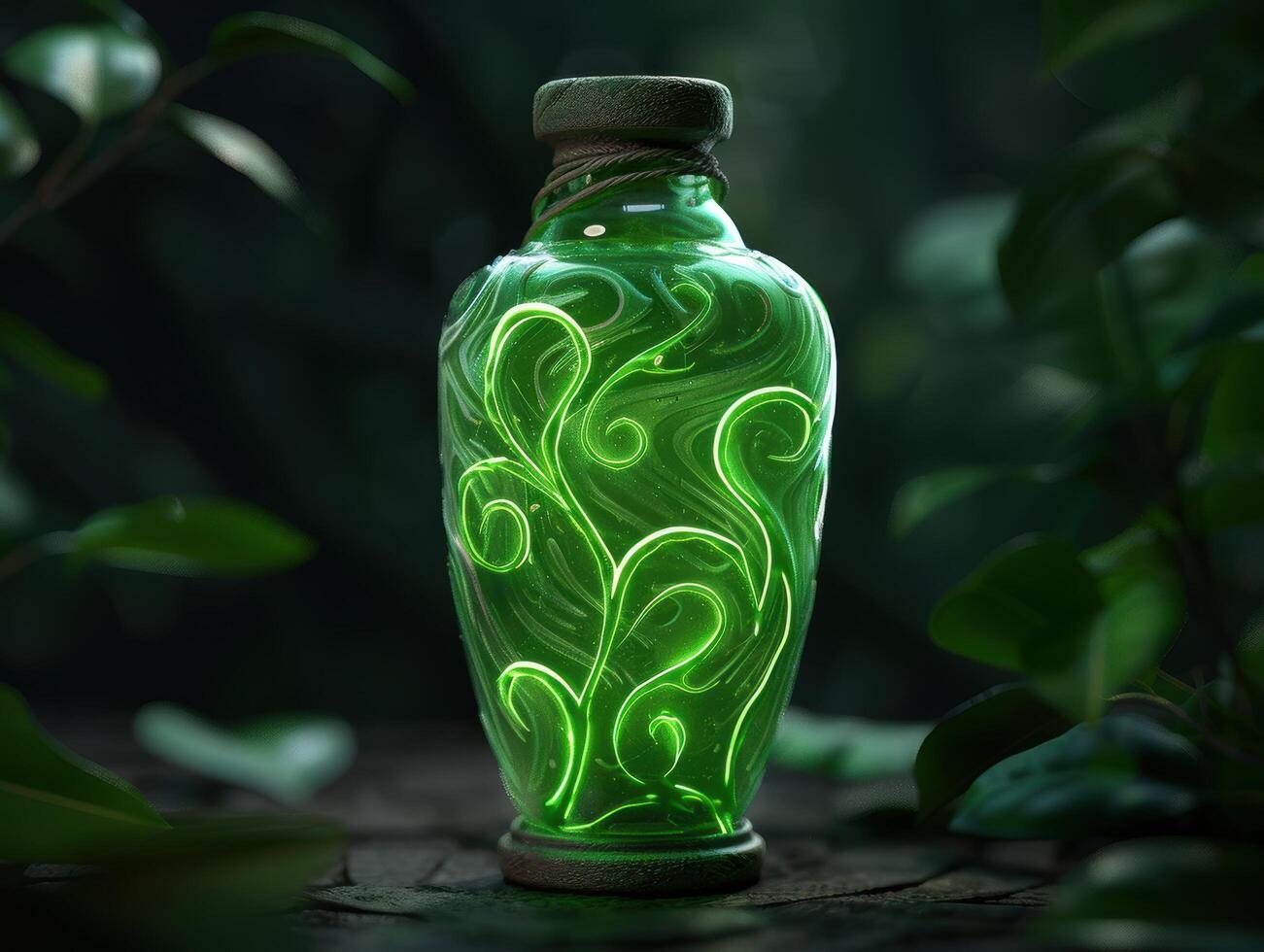 Glowing green glass bottle with swirling pattern photo