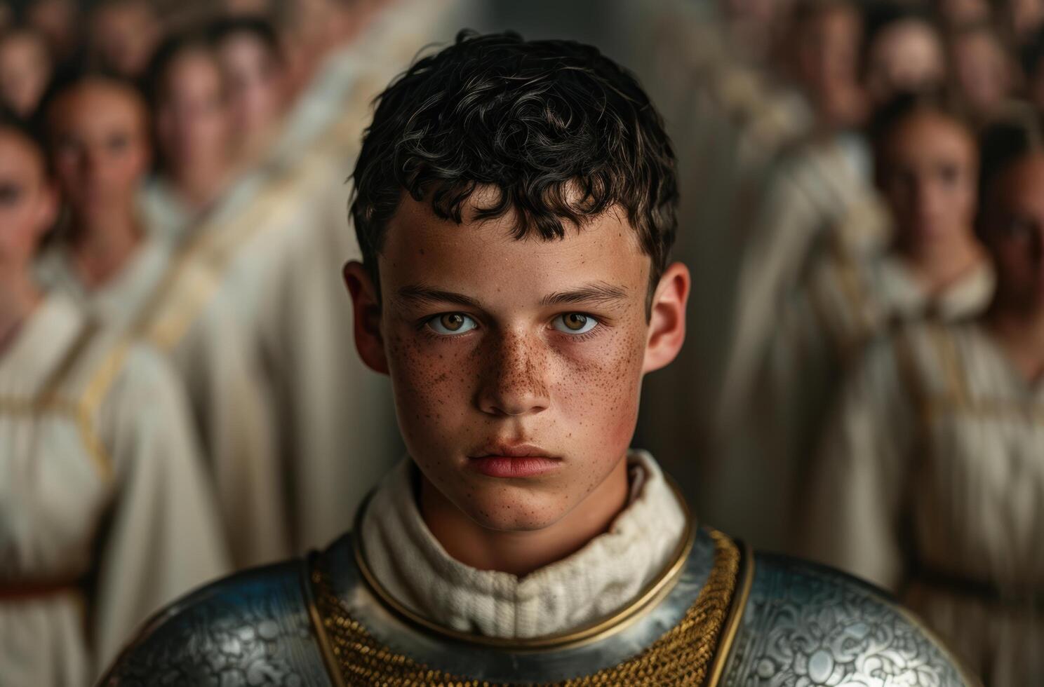 Pensive young man with curly hair and freckles photo