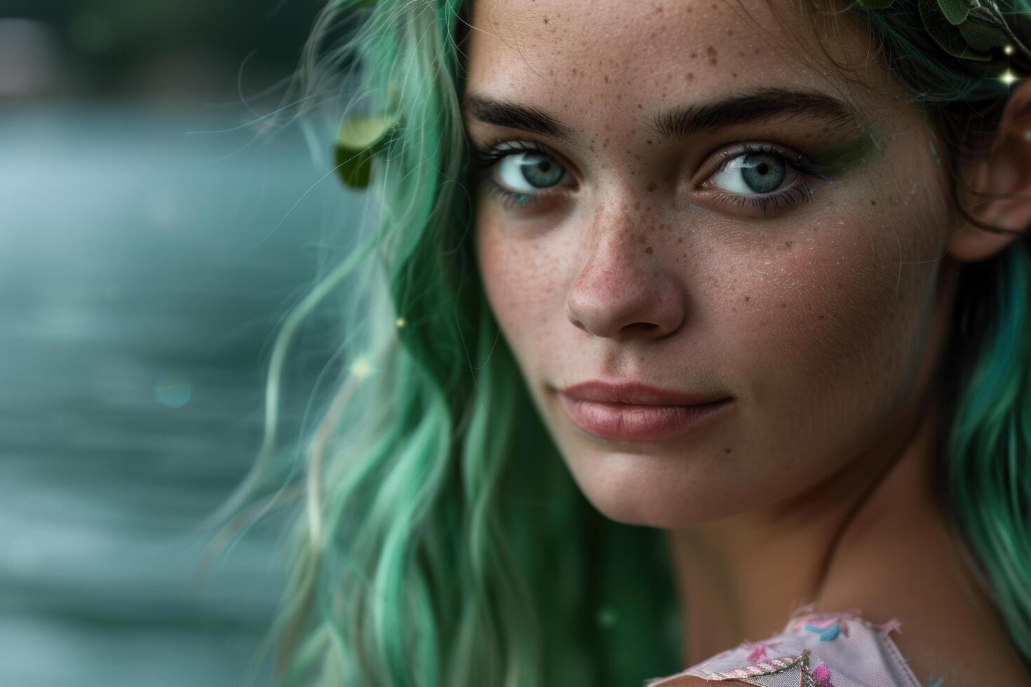 Vibrant portrait of a young woman with dyed green hair photo