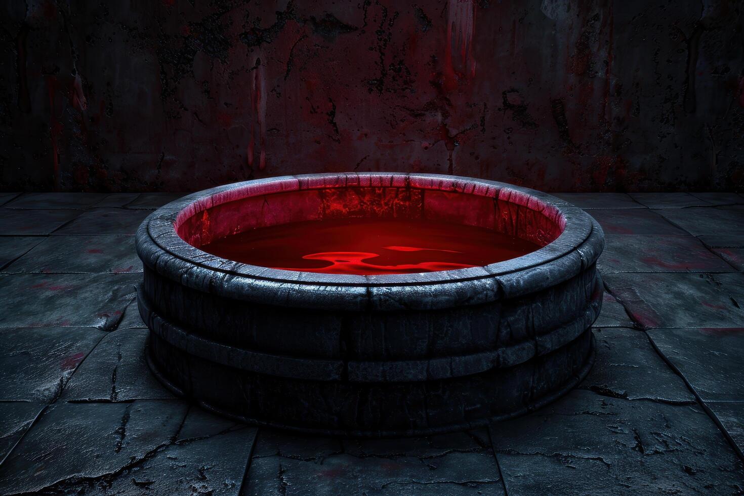 Mysterious glowing red pool in dark chamber photo