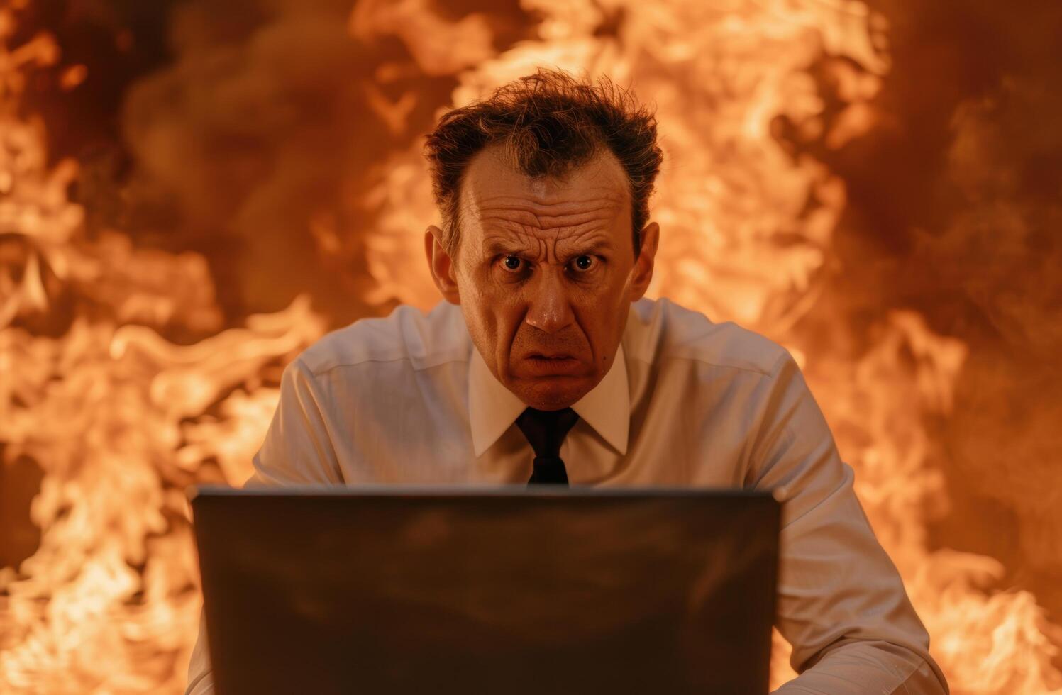 businessman in crisis with laptop in front of flames photo