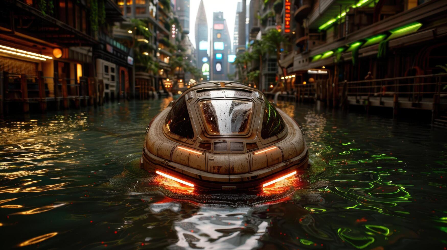futuristic vehicle floating in flooded city street at night photo