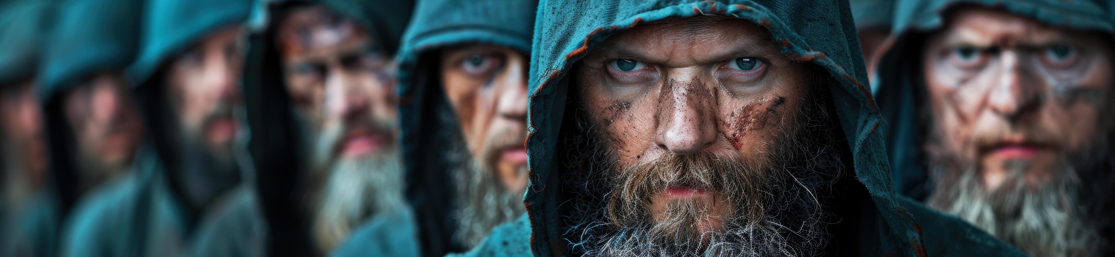 group of rugged men with beards and hooded coats photo