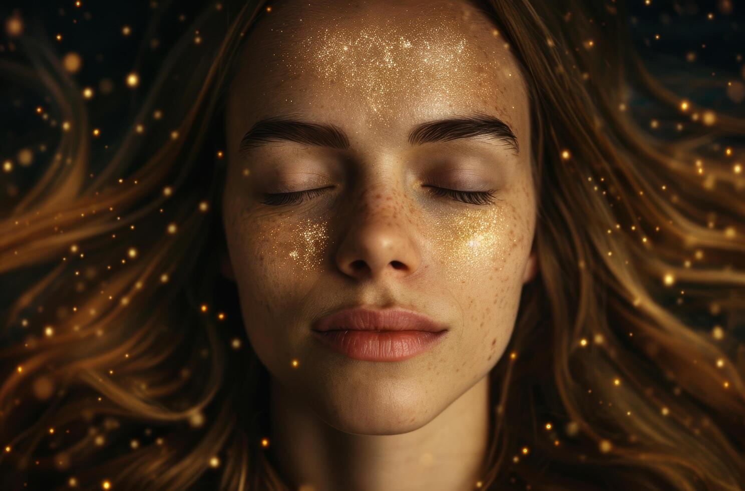 Magical woman with glowing golden makeup photo