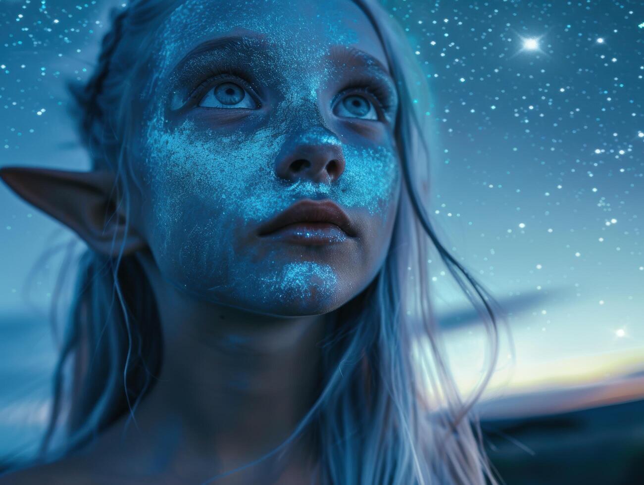 Ethereal blue toned portrait of a woman with glowing skin and eyes under a starry night sky photo