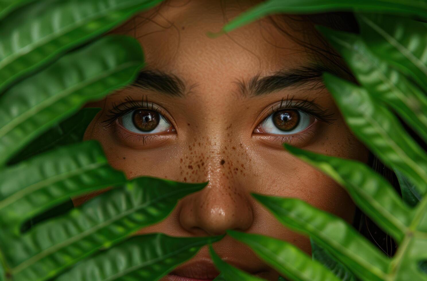 Mysterious eyes peeking through lush greenery photo