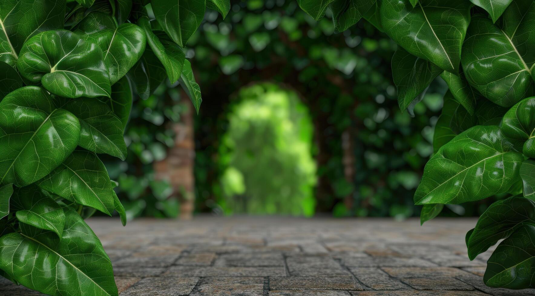Lush green leaves frame a peaceful forest path photo