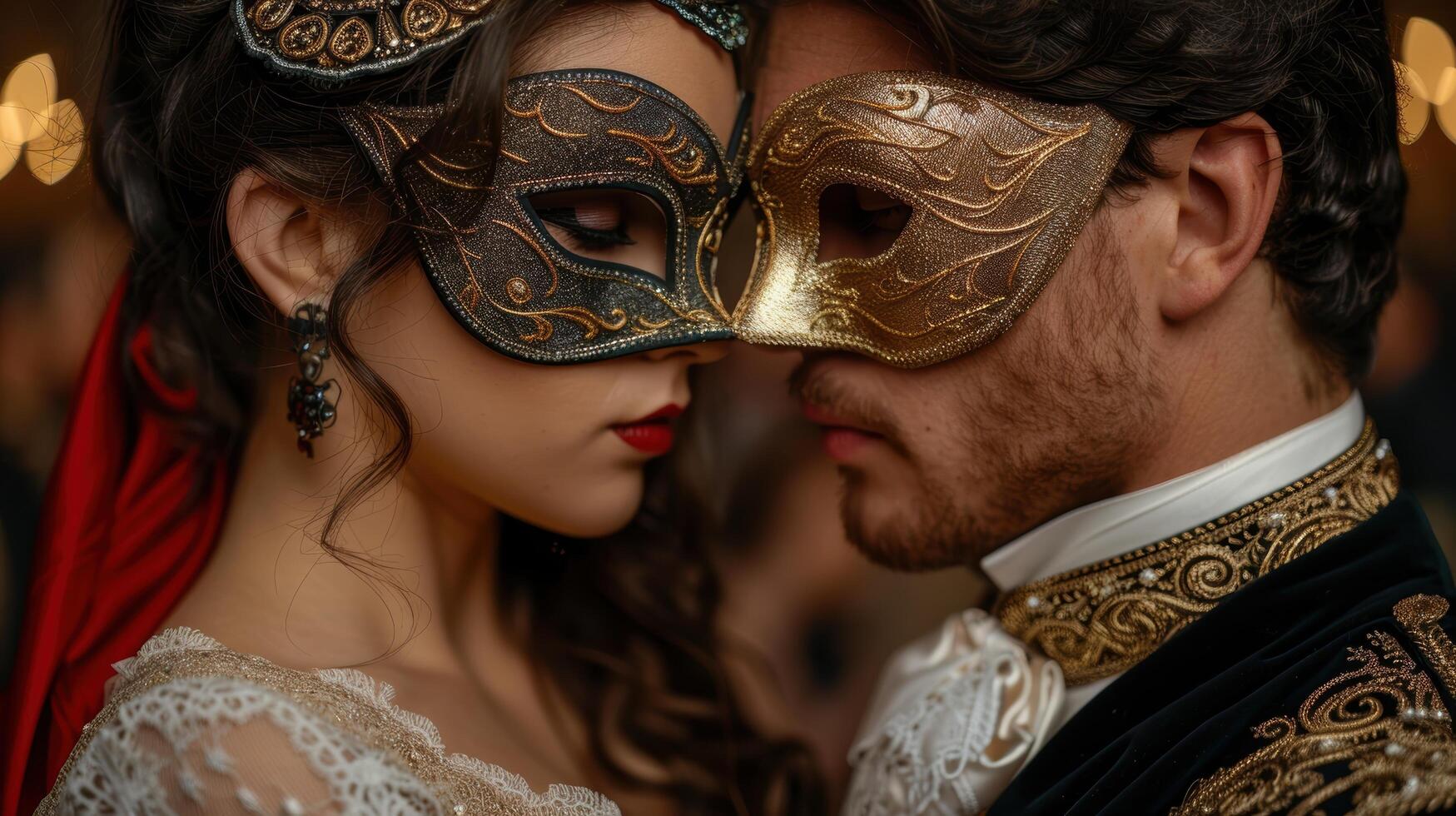Masked couple in romantic embrace photo