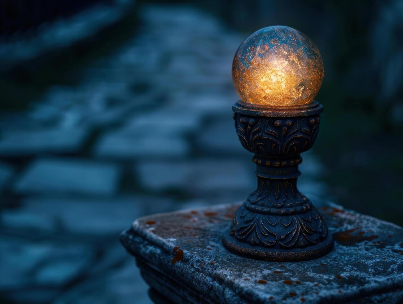 Glowing crystal ball on ornate pedestal by water photo