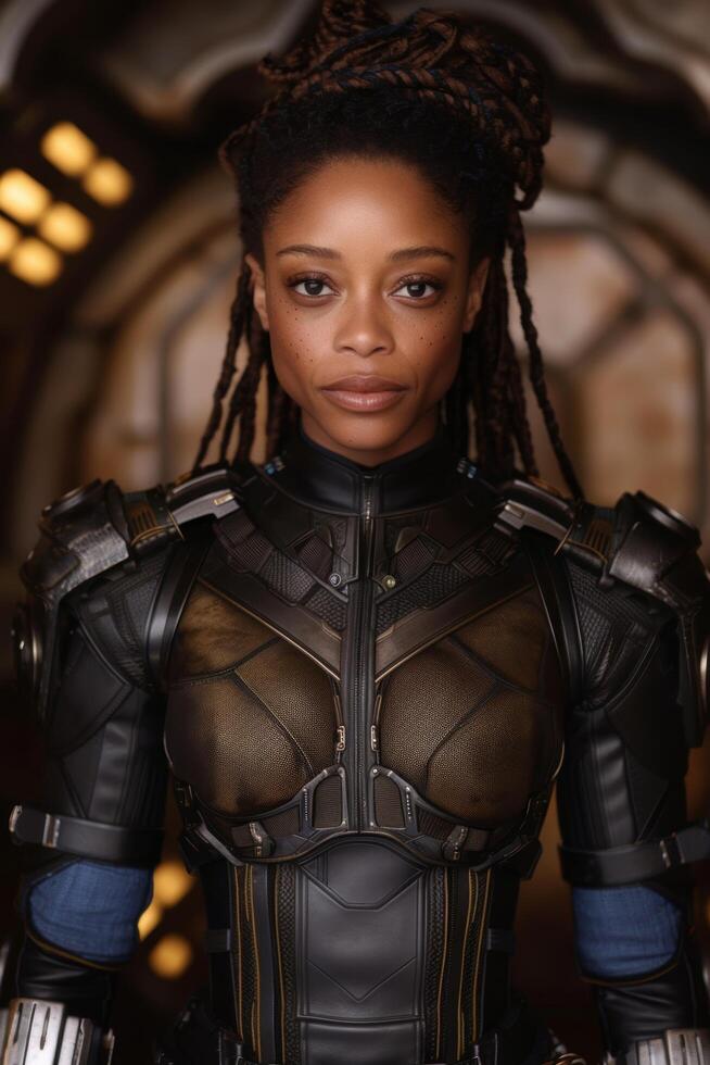Futuristic warrior woman in black armor photo