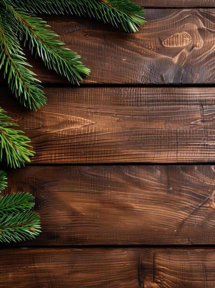 Wooden background with pine tree branches photo